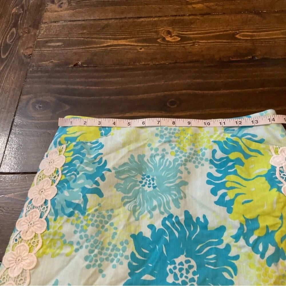 Lilly Pulitzer Floral Mini Skirt Cotton Blue Green White Lace Trim 2 - Picture 9 of 11